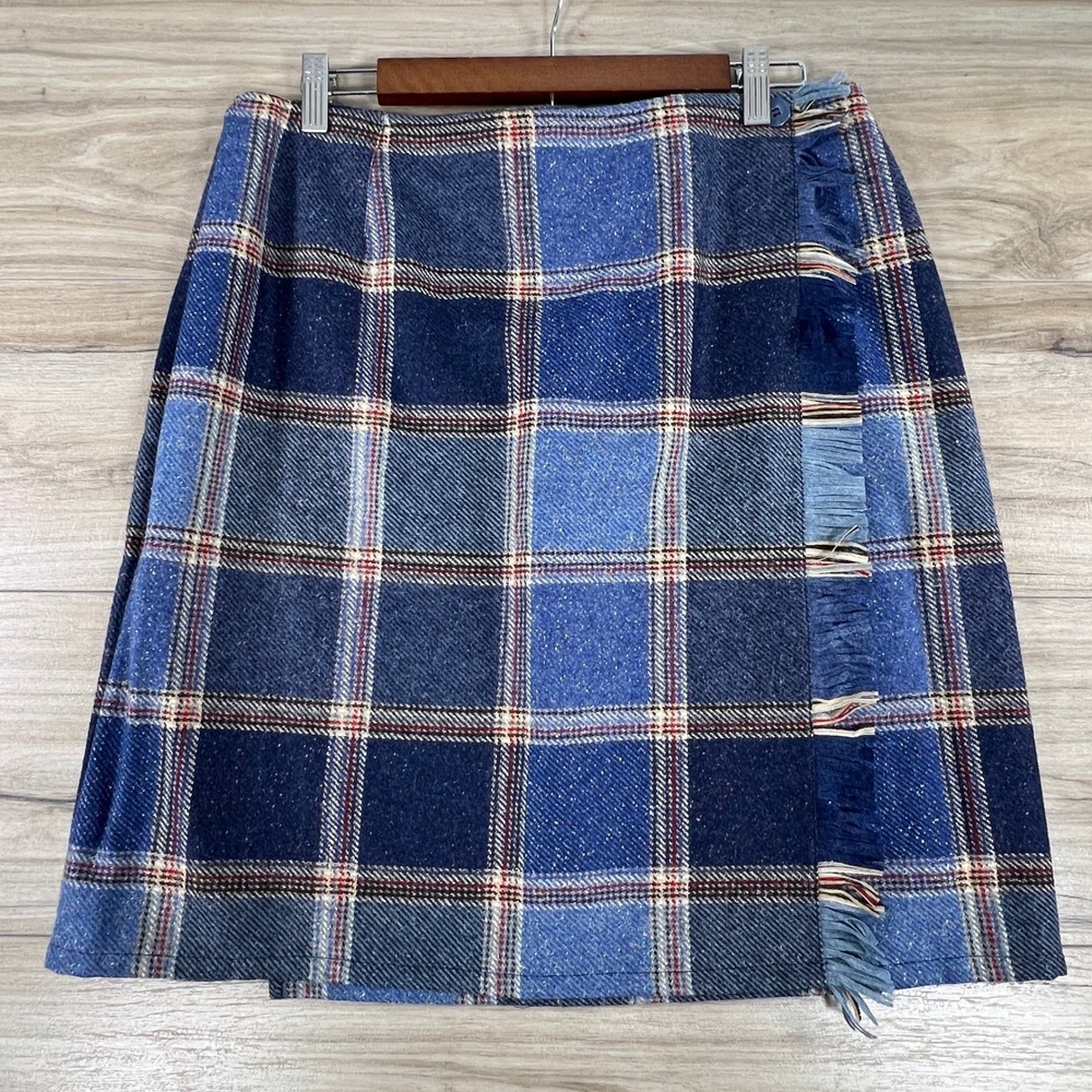 Liz Claiborne Lizwear Jeans Blue Plaid Wool Silk Wrap Skirt Fringed NWT